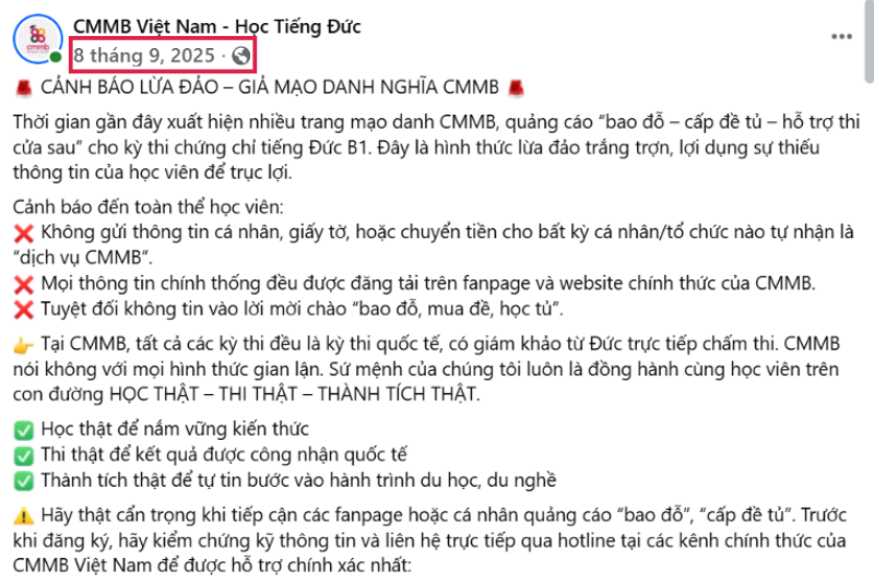 Phụ huynh, học viên cảnh giác trước trang giả mạo CMMB 2 CMMB từng cảnh báo tình trạng mạo danh liên quan đến kỳ thi tiếng Đức