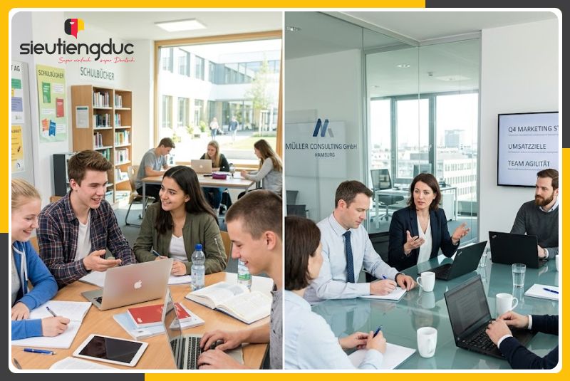 Mẫu câu hội thoại tiếng Đức chủ đề họp nhóm và thống nhất đầu việc 24 Mẫu câu hội thoại tiếng Đức chủ đề họp nhóm và thống nhất đầu việc